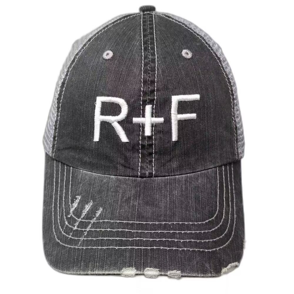 R + F Logo Hat Baseball Cap Gray Black OS Strapback Distressed Mesh Embroidered